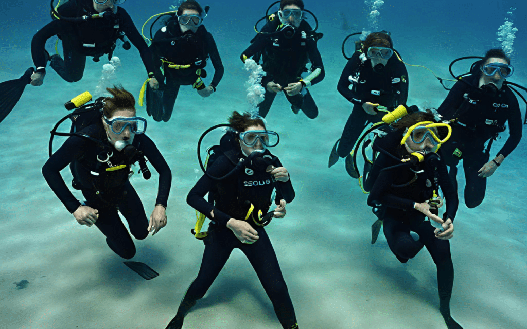 scuba diving chain of people side by side underwater holding a line
